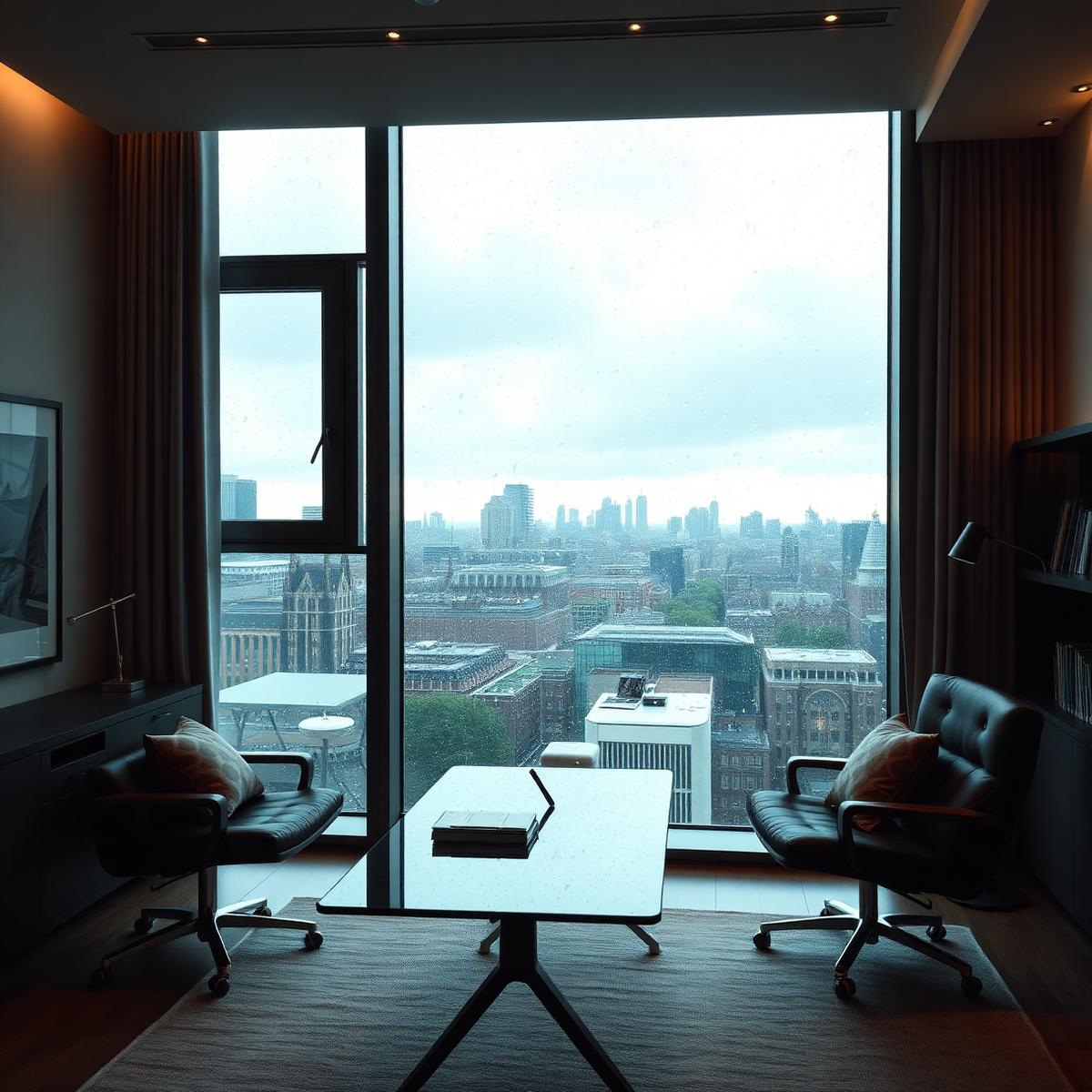 A modern home office looking out over a rainy London skyline